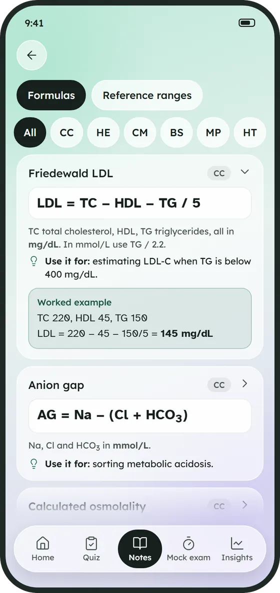 LabAn reference tools showing the Friedewald formula with a worked example and units in both conventional and SI.